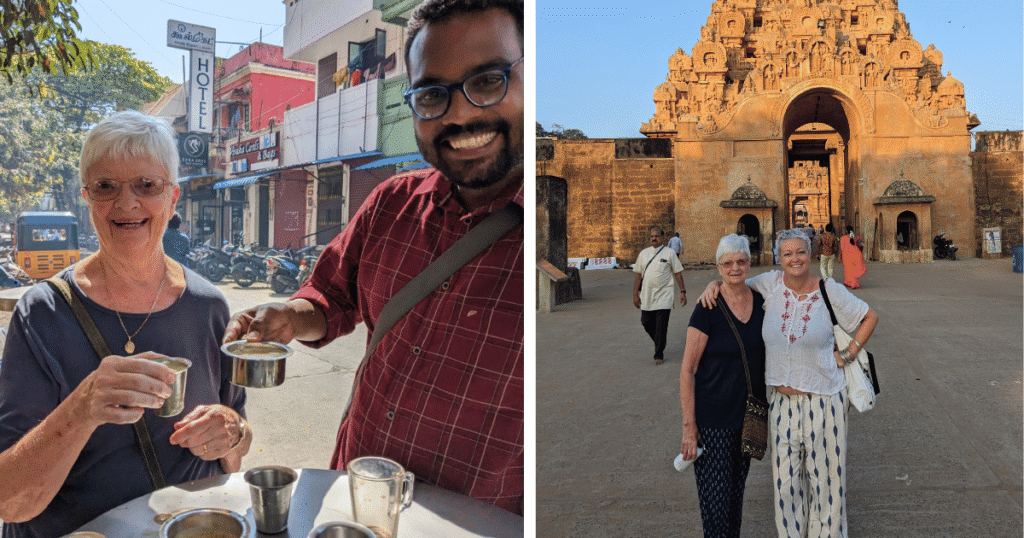 Women travellers enjoying filter coffee and a guided temple visit in South India